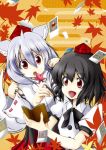  2girls animal_ears autumn_leaves bare_shoulders black_hair detached_sleeves hat inubashiri_momiji leaf multiple_girls notebook open_mouth pen photo pom_pom_(clothes) red_eyes shameimaru_aya short_hair silver_hair suiseiyarou tail tokin_hat touhou wolf_ears wolf_tail 