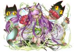  1girl animal_ears anklet armlet bare_legs bare_shoulders bastet_(p&amp;d) baton_(instrument) cat cat_ears claws dark_skin dress earrings egyptian facial_mark headpiece holding jewelry kei_(keiclear) long_hair musical_note open_mouth paws purple_hair puzzle_&amp;_dragons red_eyes simple_background slit_pupils solo very_long_hair white_background white_dress 