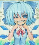  1girl ;) ahoge blue_eyes blue_hair bow cirno dress fingersmile hair_bow highres ice ice_wings marker_(medium) one_eye_closed short_hair smile solo touhou traditional_media wings yagami_(mukage) 