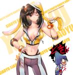  1girl black_hair bracelet breasts chibi_inset contrapposto elbow_gloves fingerless_gloves gloves hand_on_hip highleg hoodie jewelry kazama_jin ling_xiaoyu midriff namco navel no_bra one_eye_closed pants ryo_(ryoxkj) sideboob sleeveless sleeveless_hoodie slender_waist solo_focus sweat sweatpants tekken tekken_3 toned twintails unzipped 