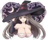  1girl azami bare_shoulders black_eyes black_hair breasts bust cleavage detached_sleeves dragon&#039;s_crown hat huge_breasts long_hair looking_at_viewer moon solo sorceress_(dragon&#039;s_crown) witch_hat 