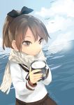  1girl artist_request blowing breath brown_eyes brown_hair clouds cup hair_ribbon kantai_collection long_sleeves o3o ocean ponytail ribbon scarf school_uniform serafuku shikinami_(kantai_collection) twitter_username 