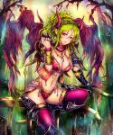  1girl breasts choker gauntlets green_hair horns jewelry kara_(color) long_hair looking_at_viewer navel necklace pink_eyes pink_legwear ring shingoku_no_valhalla_gate solo thigh-highs wings 