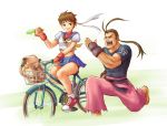  1boy 1girl barefoot bicycle brown_hair converse ernest_ow_tar_hoay headband hibiki_dan kasugano_sakura kote loose_socks muscle ponytail popsicle running school_uniform serafuku shoes skirt sneakers socks street_fighter t-shirt 