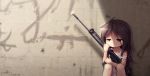  1girl black_hair daisy flower green_eyes gun highres langbazi long_hair original solo weapon 