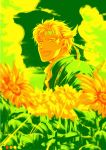  1boy blurry caesar_anthonio_zeppeli clouds depth_of_field flower headband jojo_no_kimyou_na_bouken limited_palette minatosu solo sunflower 