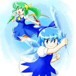  barefoot bow cirno commentary_request crystal_sword daiyousei hair_bow nitamago_(artist) sword touhou weapon 