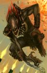  alien armor berserker_predator blade claws crossover explosion firearm gauntlets glowing glowing_eye gun hairlocs head helmet jaw jimmy_xu jumping laser_sight mask no_humans open_mouth pauldrons predator_(series) predators red_eyes redhead robot shards shoulder_cannon skirt skull_necklace t-800 terminator weapon 