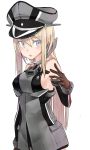  1girl bare_shoulders bismarck_(kantai_collection) blonde_hair blue_eyes blush breasts brown_gloves detached_sleeves fujibejifu gloves hat kantai_collection long_hair military military_hat military_uniform peaked_cap simple_background solo uniform white_background 