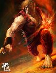  1boy bared_teeth barefoot blonde_hair daniel_aviles dougi eyebrows fire glowing glowing_hand ground_shatter highres ken_masters muscle short_hair solo street_fighter thick_eyebrows 