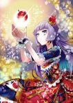  1girl aikatsu! apple cross crown earrings flower food fruit hikami_sumire jewelry long_hair purple_hair solo violet_eyes yan&#039;yo_(yan&#039;yan&#039;yo) 