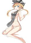  1girl blonde_hair blue_eyes blush breasts haik hair_ornament hand_on_own_chest hat highres kantai_collection long_hair navel no_bra open_mouth panties peaked_cap prinz_eugen_(kantai_collection) sideboob sketch solo twintails underwear white_panties 