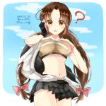 1girl :o ? bangs breasts brown_hair cowboy_shot dated hakama_skirt hand_on_own_chest hand_on_own_face kantai_collection large_breasts long_hair low-tied_long_hair low_twintails midriff miniskirt navel parted_bangs shouhou_(kantai_collection) skirt sky twintails yellow_bunny yellow_eyes yugake 