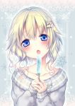  1girl blonde_hair blue_eyes bust collarbone hair_ornament hairclip head_tilt long_sleeves looking_at_viewer open_mouth original popsicle ribbed_sweater riichu solo sweater 