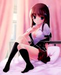  1girl absurdres bed blazer breasts brown_hair cleavage curtains finger_to_mouth highres hirano_katsuyuki knees_up no_bra open_clothes open_shirt school_uniform sitting skirt tagme violet_eyes 
