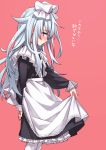  1girl alternate_costume apron blue_eyes blush bow enmaided hair_bow hibiki_(kantai_collection) kantai_collection long_hair long_sleeves looking_at_viewer maid matsuryuu pantyhose red_background revision silver_hair simple_background solo translation_request waist_apron white_legwear 