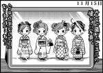  &gt;:) akebono_(kantai_collection) badge bag bandaid_on_face bangs bell black_hair blush blush_stickers chitose_(kantai_collection) comb comic crab flower hair_bell hair_flower hair_ornament handbag japanese_clothes kantai_collection kimono long_hair monochrome obi oboro_(kantai_collection) otoufu picture_(object) rabbit sandals sash sazanami_(kantai_collection) short_hair simple_background swept_bangs translation_request twintails updo ushio_(kantai_collection) very_long_hair 