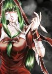  1girl bandages blank_eyes breasts bust clenched_teeth commentary_request creepy dress eyepatch front_ponytail green_eyes green_hair grey_background hair_ribbon highres kagiyama_hina large_breasts lips looking_at_viewer no_pupils parted_lips puffy_short_sleeves puffy_sleeves red_dress ribbon short_sleeves smoke solo tn_(nakamatic-arsenal) touhou unwrapping wrist_ribbon 