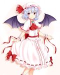  1girl ascot bat_wings blouse blue_hair blush brooch capelet cowboy_shot highres jewelry looking_at_viewer mob_cap nandemo118 red_eyes remilia_scarlet sash shadow short_hair simple_background skirt skirt_hold skirt_set smile solo standing touhou wings wrist_cuffs wrist_ribbon 