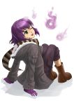 1girl absurdres boots borrowed_character full_body fur_trim ghost gloves green_eyes highres hitodama isabelle_(acerailgun) jastersin21 one_eye_closed original purple_hair scarf shadow simple_background sitting smile solo striped striped_scarf white_background 