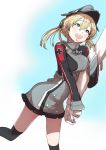  1girl 3h-sensei :d admiral_(kantai_collection) arm_hug black_skirt blonde_hair blue_eyes blush gloves hair_ornament hat iron_cross kantai_collection long_hair long_sleeves looking_at_another military military_uniform miniskirt open_mouth out_of_frame peaked_cap prinz_eugen_(kantai_collection) skirt smile solo twintails uniform white_gloves 