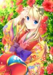  1girl absurdres artist_request blonde_hair blue_eyes bow chloe_lemaire flower girlfriend_(kari) hibiscus highres japanese_clothes kimono light_rays long_hair looking_at_viewer official_style smile solo sunbeam sunlight 