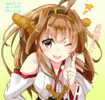  1girl ahoge bare_shoulders bent_over brown_hair dated detached_sleeves headgear kantai_collection kongou_(kantai_collection) long_hair looking_at_viewer nontraditional_miko one_eye_closed pink_eyes ribbon-trimmed_sleeves ribbon_trim star twitter_username yellow_bunny 
