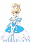  1girl bare_shoulders blonde_hair blue_eyes bow choker cinderella_(kamipara) dress earrings expressionless hair_bow itou_noiji jewelry kamisama_to_unmei_kakumei_no_paradox official_art ribbon short_hair solo strapless_dress v_arms white_background 