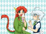  2girls ahoge blue_eyes blush braid dragon_horns dragon_tail ears food green_eyes hong_meiling ice_cream ice_cream_cone izayoi_sakuya licking long_hair long_sleeves multiple_girls open_mouth patterned_background pointy_ears puffy_short_sleeves puffy_sleeves redhead short_hair short_sleeves silver_hair spoon spoon_in_mouth star tail torazima touhou twin_braids wide_sleeves younger 