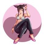  1girl alternate_costume bangs bikini_top black_hair breasts casual cleavage crossed_legs ernest_ow_tar_hoay full_body han_juri high_heels midriff pants short_twintails sitting solo street_fighter street_fighter_iv super_street_fighter_iv twintails violet_eyes watch watch 