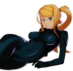  1girl alternate_color blonde_hair bodysuit breasts green_eyes lips long_hair lying metroid nose ponytail samus_aran skin_tight smile solo splashbrush zero_suit 