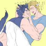  2boys animal_ears blue_hair caesar_anthonio_zeppeli dog_ears dog_tail facial_mark feathers hair_feathers hair_tussle jojo_no_kimyou_na_bouken joseph_joestar_(young) kemonomimi_mode kock_k multiple_boys petting tail 