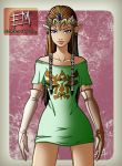  1girl bare_shoulders blue_eyes brown_hair earrings ed_moffat elbow_gloves forehead_jewel gloves hair_ribbon highres jewelry lips long_hair off-shoulder_shirt payot pointy_ears princess_zelda ribbon slender_waist small_breasts solo t-shirt the_legend_of_zelda tiara triforce twilight_princess watermark web_address white_gloves 