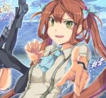  3girls armadillo-tokage asagumo_(kantai_collection) ascot black_legwear blurry blush bow brown_hair character_name collared_shirt depth_of_field gloves green_eyes hair_bow hand_on_leg highres kantai_collection long_hair multiple_girls nowaki_(kantai_collection) open_mouth pointing prinz_eugen_(kantai_collection) short_sleeves solo_focus suspenders thigh-highs twintails uneven_eyes white_gloves 
