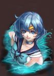  1girl bishoujo_senshi_sailor_moon blue_eyes blue_hair brooch bust choker from_above heart highres jewelry liliore(l.ily) looking_at_viewer mizuno_ami sailor_mercury short_hair smile solo super_sailor_mercury water 