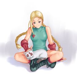  1girl animal blonde_hair blue_eyes braid breasts cammy_white cat ernest_ow_tar_hoay fingerless_gloves gloves indian_style leotard long_hair no_hat petting scar sitting solo street_fighter twin_braids 