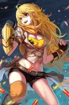  1girl belt black_gloves blonde_hair blue_eyes breasts cleavage fingerless_gloves gauntlets gloves highres long_hair midriff navel nian open_mouth puffy_short_sleeves puffy_sleeves rwby scarf shirt short_shorts short_sleeves shorts single_thighhigh smile solo thigh-highs tubetop very_long_hair yang_xiao_long 