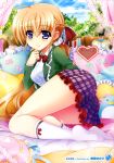  1girl absurdres alarm_clock bed bird blonde_hair blush book bowtie braid breasts clock frilled_skirt frills hair_ornament hair_ribbon heart higa_yukari highres jacket long_hair orange_hair penguin pillow plaid plaid_skirt ponytail ribbon shirt skirt smile socks solo very_long_hair white_legwear white_shirt window 