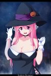  1girl blush breasts cleavage derivative_work halloween halloween_costume hat headphones large_breasts long_hair looking_at_viewer nitroplus pink_eyes pink_hair smile solo super_sonico witch_hat 