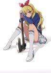  aikatsu! axe blonde_hair hair_ribbon hoshimiya_ichigo long_hair mebae ribbon sitting skirt weapon 