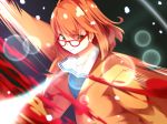  1girl blood bob_cut brown_hair cardigan glasses kamukamu_(benjomeshi_tsuushin) kuriyama_mirai kyoukai_no_kanata motion_blur red-framed_glasses school_uniform short_hair solo yellow_eyes 