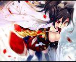  1girl :p animal_ears black_hair black_legwear breasts cleavage fox_ears fox_tail haruta_(806060) letterboxed long_hair original petals ponytail red_eyes scar solo sword tail thigh-highs tongue tongue_out weapon zettai_ryouiki 