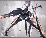 1girl bike_shorts bow_(weapon) brown_hair character_name crossbow flat_chest flight_deck full_body grid gun headgear highres huge_weapon kantai_collection letterboxed long_sleeves marumoru pleated_skirt ribs rifle serious skirt sniper_rifle solo spread_legs standing taihou_(kantai_collection) thigh-highs weapon yellow_eyes 