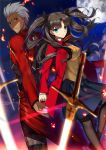  1boy 1girl archer black_hair blue_eyes brown_eyes cape fate/stay_night fate_(series) highres jewelry long_hair looking_at_viewer pantyhose pendant sa_(h28085) school_uniform serious short_hair skirt sword tattoo tohsaka_rin toosaka_rin twintails weapon white_hair 