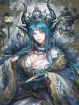  1girl animal_ears blue_eyes blue_hair breasts claws cleavage dagger earrings eyeball feathers hair_ornament horns jewelry lantern large_breasts long_hair looking_at_viewer monster_girl necklace original shinomaru skull_hair_ornament solo third_eye urn weapon 