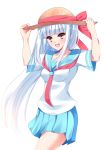  1girl blush breasts hat highres long_hair open_mouth original school_uniform serafuku smile solo very_long_hair white_background yatsu_(sasuraino) 