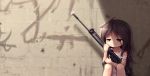  1girl black_hair daisy flower green_eyes gun highres langbazi long_hair original solo weapon 