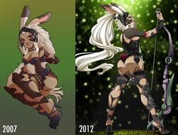  1girl 2007 2012 animal_ears ass bow_(weapon) bracer breasts cleavage comparison dark_skin elbow_pads final_fantasy final_fantasy_xii fran helmet high_heels long_hair planted_weapon progress rabbit_ears red_eyes revealing_clothes scrunchie setsuna22 solo standing thigh-highs very_long_hair viera weapon white_hair 