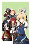  4boys 4girls armor belt black_hair blonde_hair blue_eyes bow braid brown_eyes brown_hair bushidou_(sekaiju) character_request cloak flat_chest frederica_irving glasses grey_hair hair_bow highlander_(etrian) japanese_clothes long_hair low_twintails midriff multiple_boys multiple_girls orange_eyes ponytail pouch puffy_short_sleeves puffy_sleeves racoona_sheldon raigou redhead sarashi sekaiju_no_meikyuu shin_sekaiju_no_meikyuu short_hair short_sleeves simple_background sitting_on_shoulder tagme twintails 