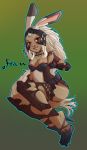  1girl animal_ears breasts cleavage dark_skin final_fantasy final_fantasy_xii fran gradient gradient_background greaves helmet high_heels highres legs_together lips long_hair nose rabbit_ears red_eyes setsuna22 solo very_long_hair viera white_hair 